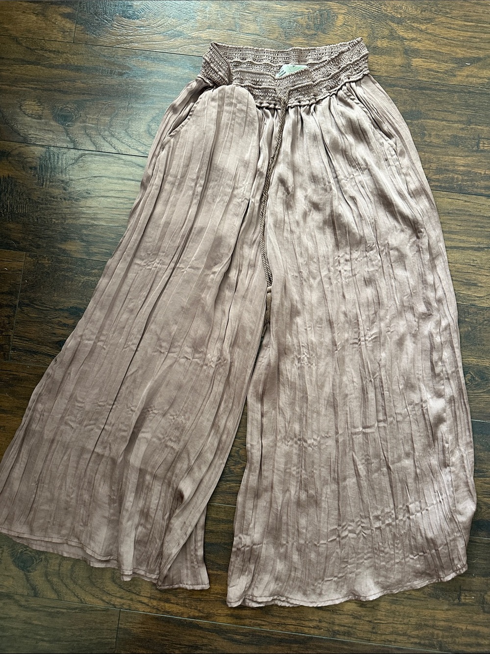 Smocked-Waist Wide-Leg Trousers — Dusty Taupe